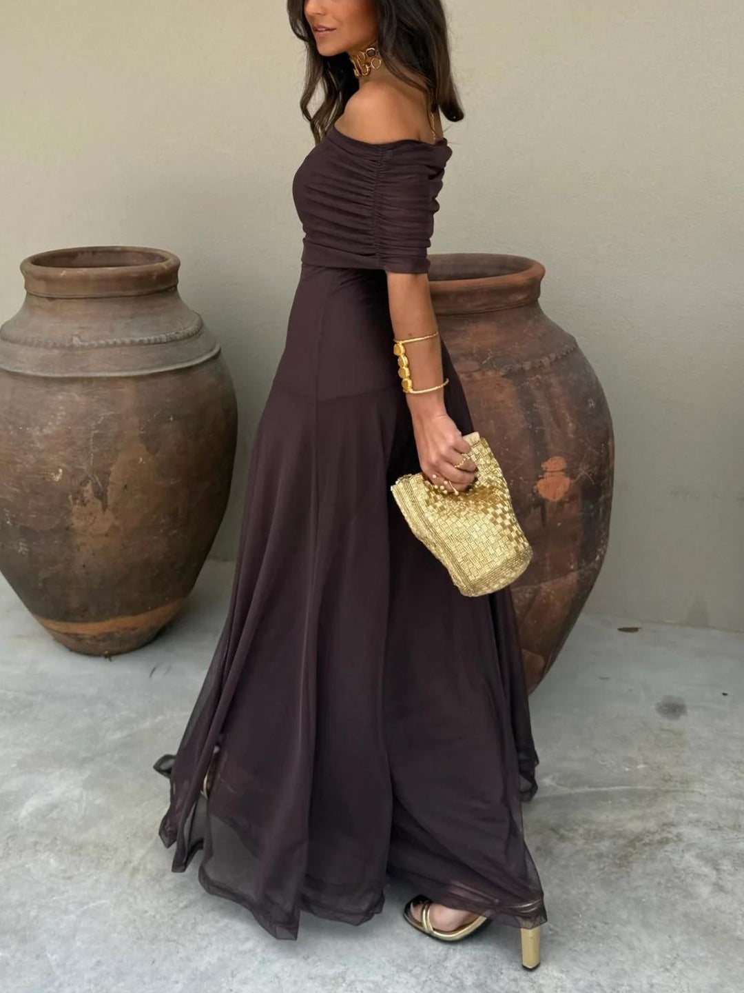 Women’s Off Shoulder Sheer Overlay Maxi Wedding Guest Dress