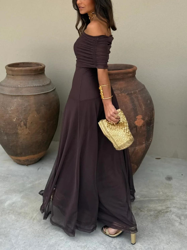 Women’s Off Shoulder Sheer Overlay Maxi Wedding Guest Dress