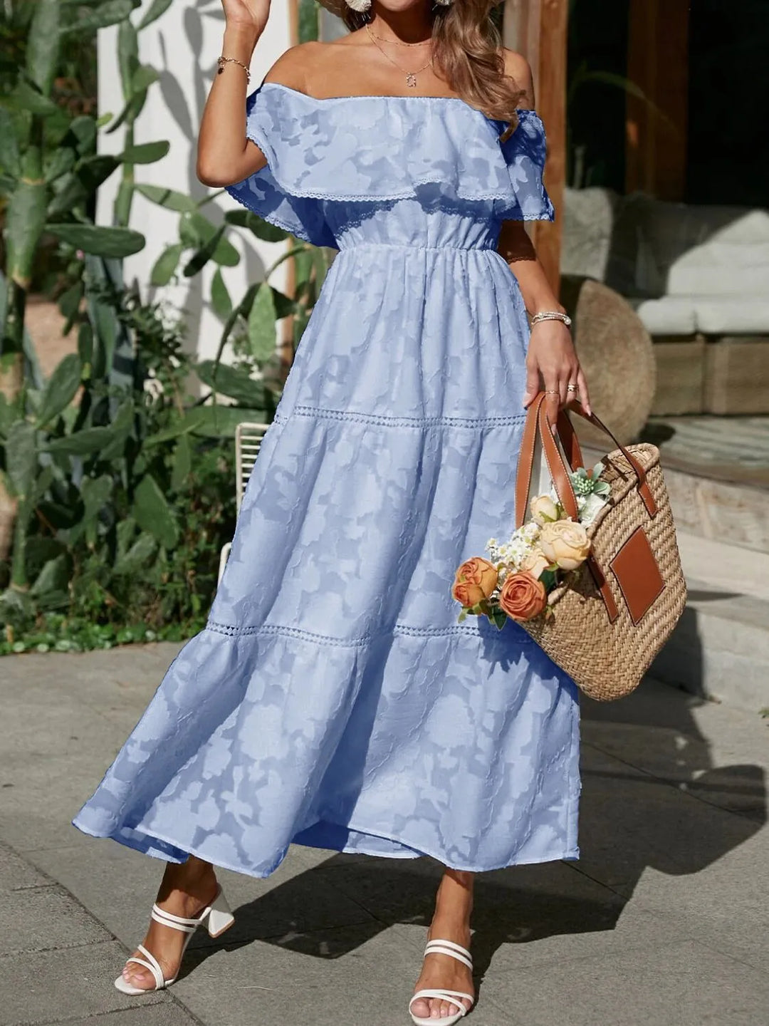 Women’s Off Shoulder Tiered Ruffled Maxi Summer Dress