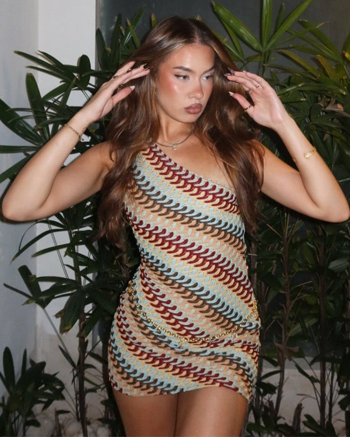 Women's One-Shoulder Multicolor Wave Pattern Mini Dress