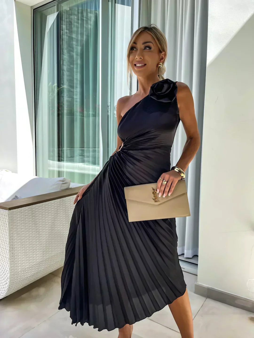 Women’s One Shoulder Pleated Midi Wedding Guest Dress
