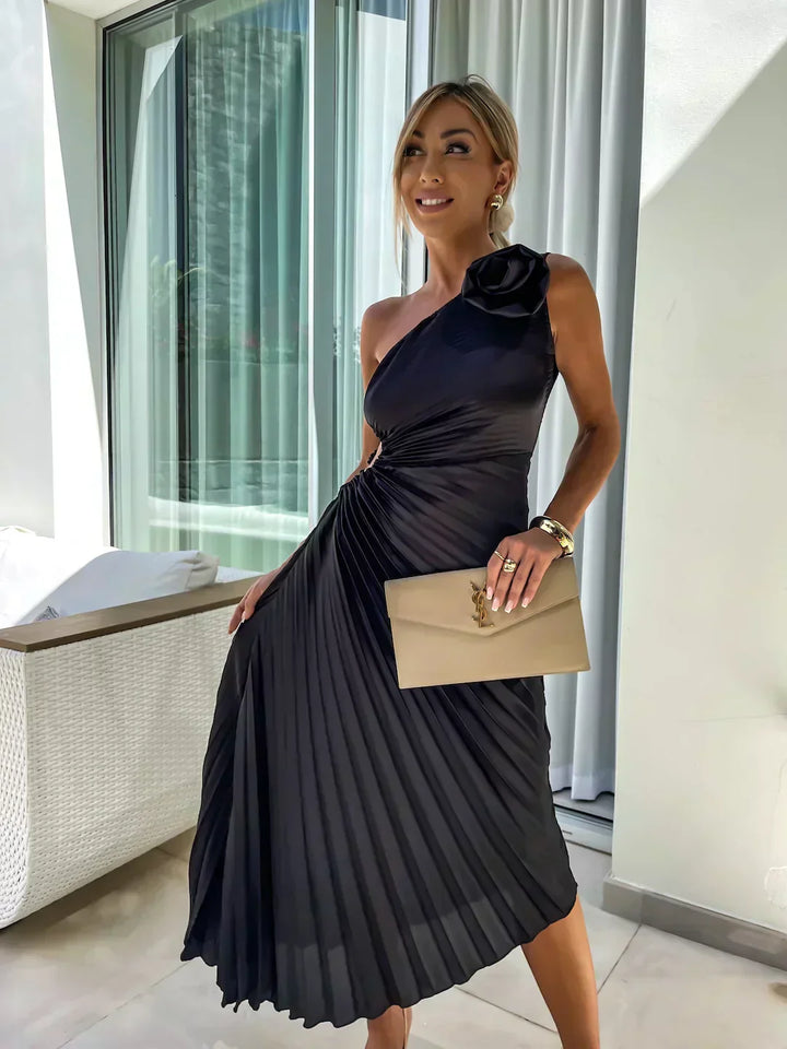 Women’s One Shoulder Pleated Midi Wedding Guest Dress