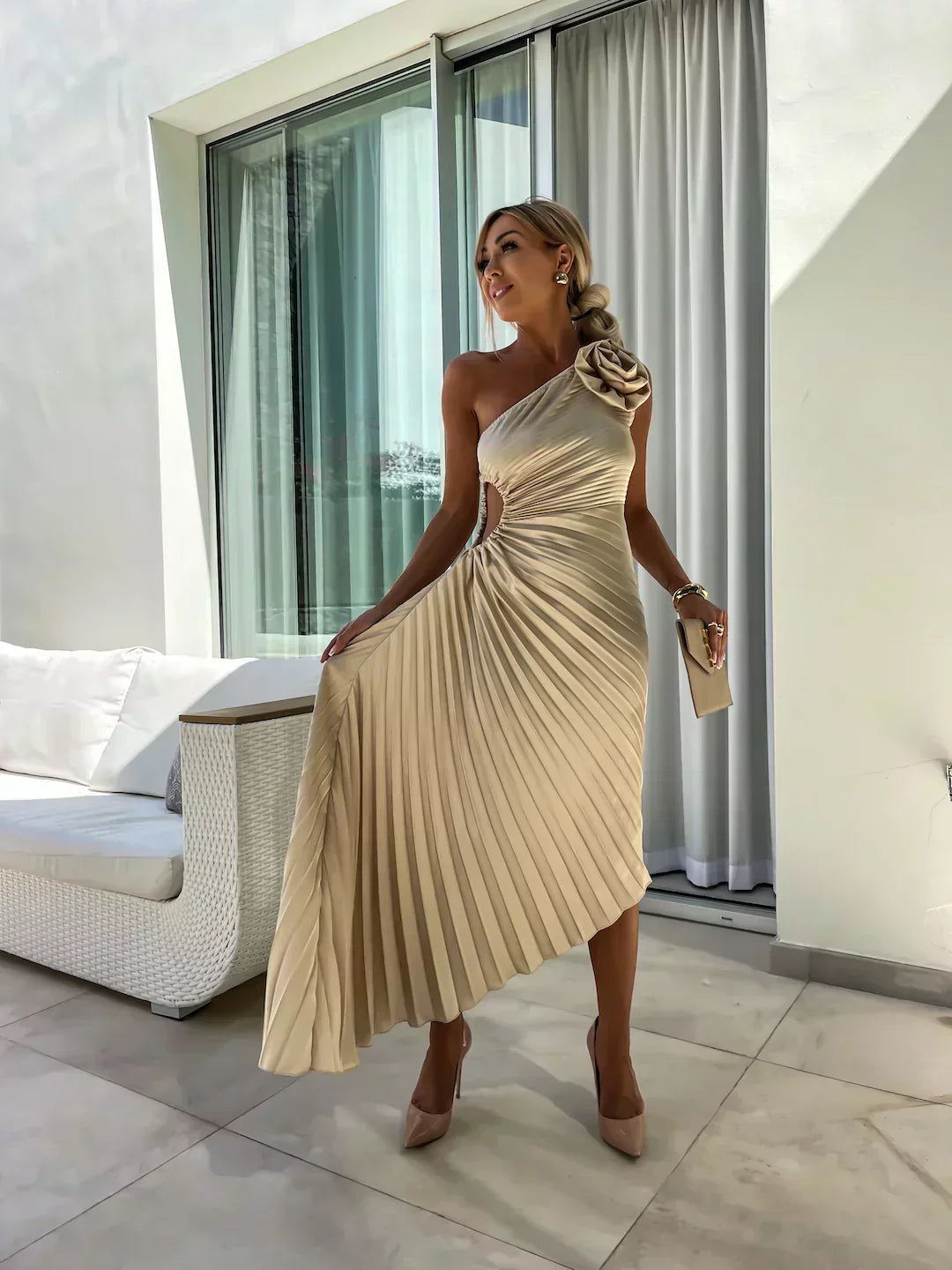 Women’s One Shoulder Pleated Midi Wedding Guest Dress