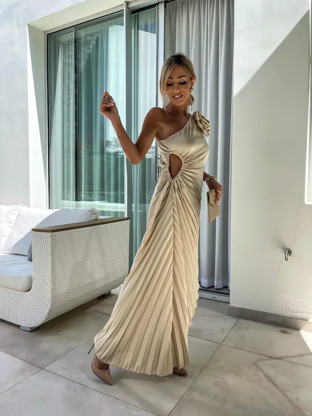 Women’s One Shoulder Pleated Midi Wedding Guest Dress