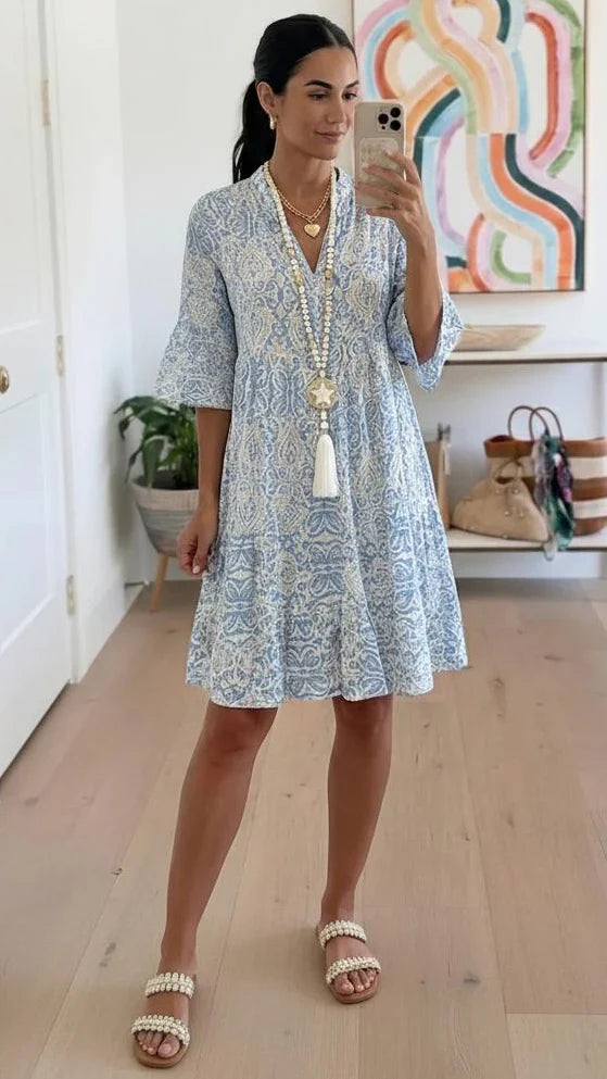 Women’s Paisley Print V Neck Short Sleeve A Line Midi Summer Dress