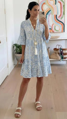 Women’s Paisley Print V Neck Short Sleeve A Line Midi Summer Dress