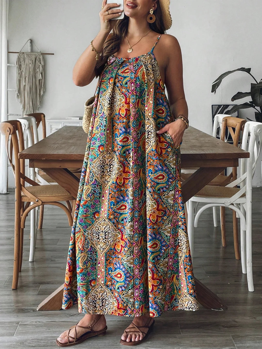 Women's Paisley Spaghetti Strap Pocket Plus Size Floral Maxi Sundress