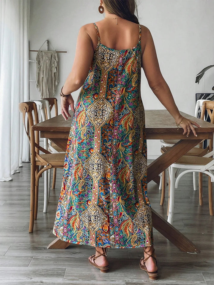Women's Paisley Spaghetti Strap Pocket Plus Size Floral Maxi Sundress