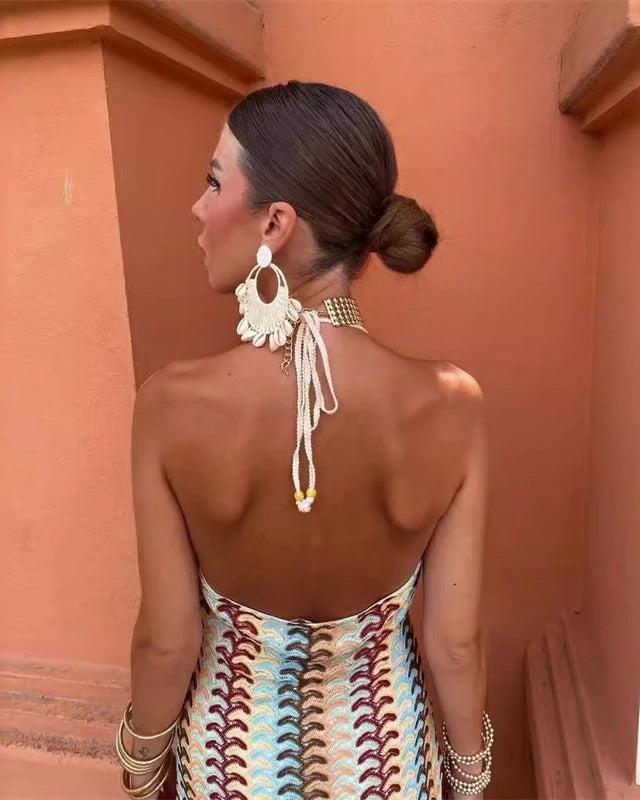 Women’s Patterned Halter Neck Backless Maxi Wedding Guest Dress