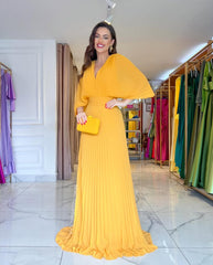 Women’s Pleated Batwing Sleeve Maxi Wedding Guest Dress