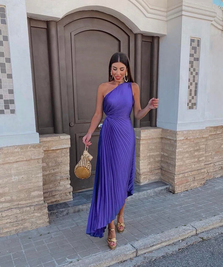 Women’s Pleated One Shoulder Cutout Asymmetrical Midi Wedding Guest Dress