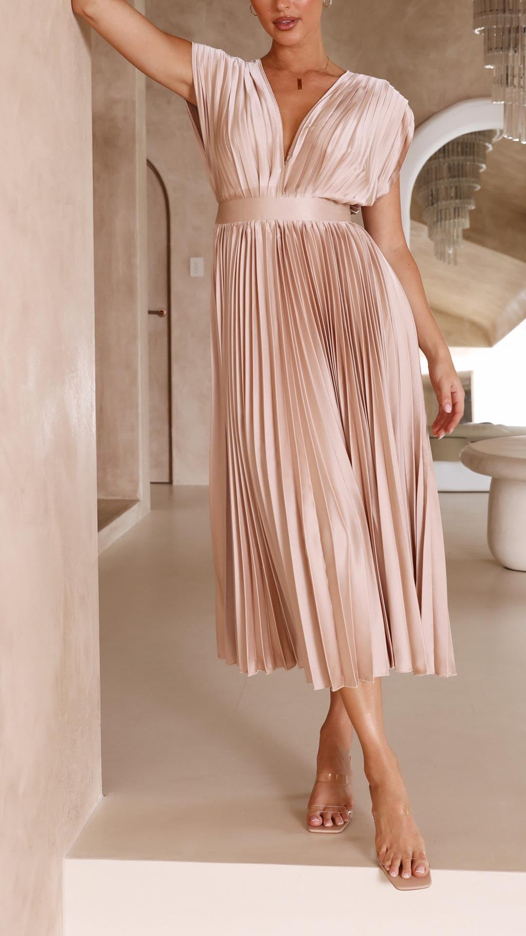 Women’s Pleated V Neck Cap Sleeve Midi Wedding Guest Dress
