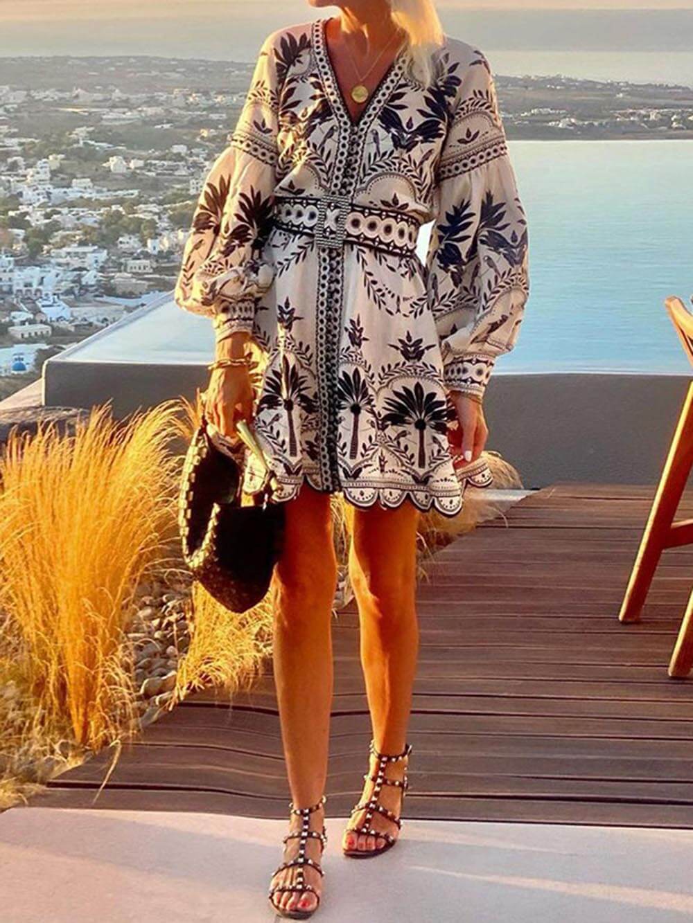 Women’s Printed V-Neck Long Sleeve Mini Summer Dress