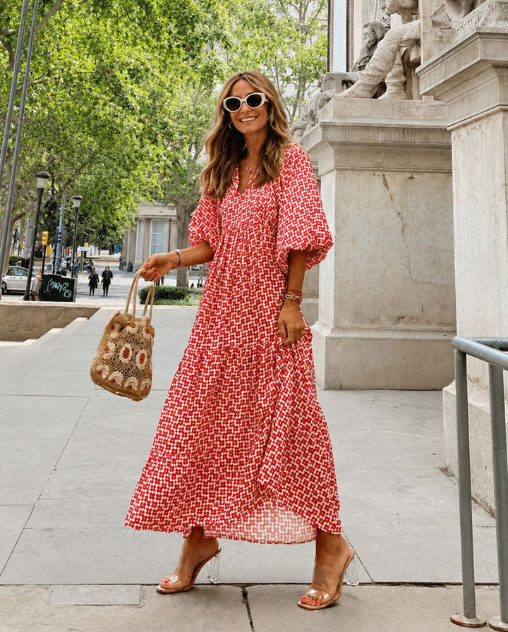 Women's Printed V Neck Puff Sleeve Tiered Ruffle Hem Long Maxi Dress
