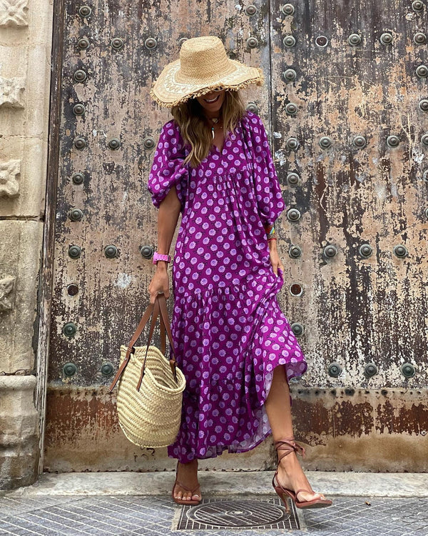 Women's Printed V Neck Puff Sleeve Tiered Ruffle Hem Long Maxi Dress