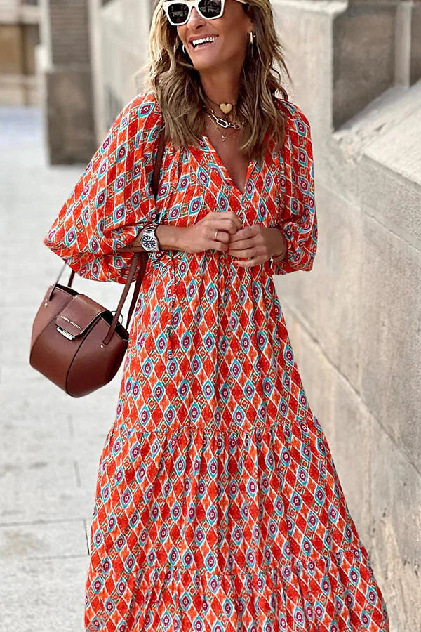 Women's Printed V Neck Puff Sleeve Tiered Ruffle Hem Long Maxi Dress