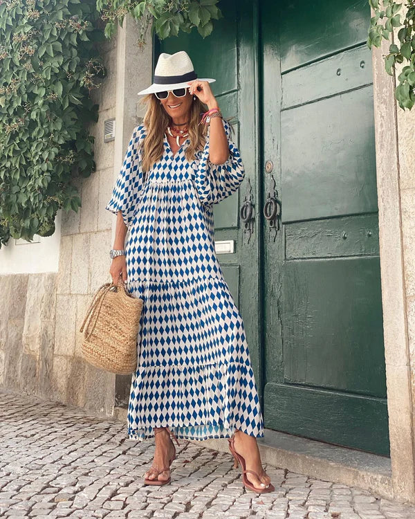 Women's Printed V Neck Puff Sleeve Tiered Ruffle Hem Long Maxi Dress