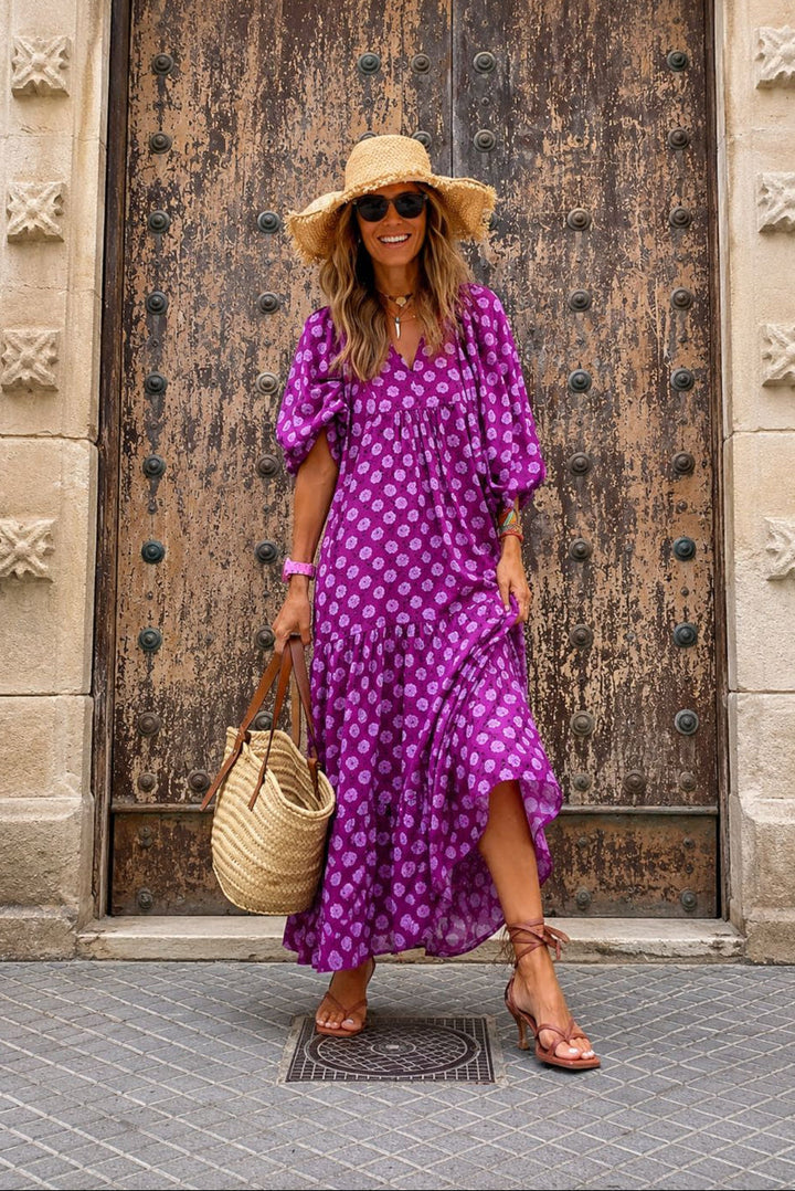 Women's Printed V Neck Puff Sleeve Tiered Ruffle Hem Long Maxi Dress