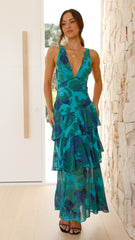 Women’s Printed V Neck Ruffle Tiered Maxi Wedding Guest Dress