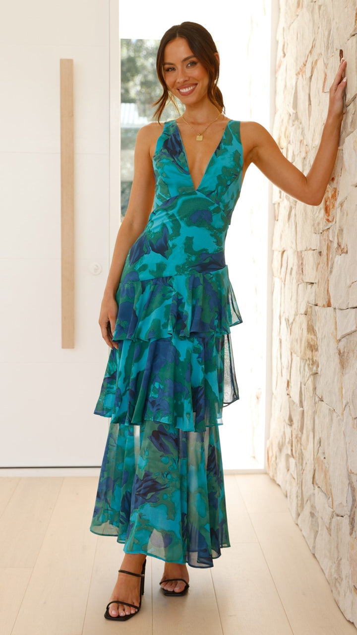Women’s Printed V Neck Ruffle Tiered Maxi Wedding Guest Dress