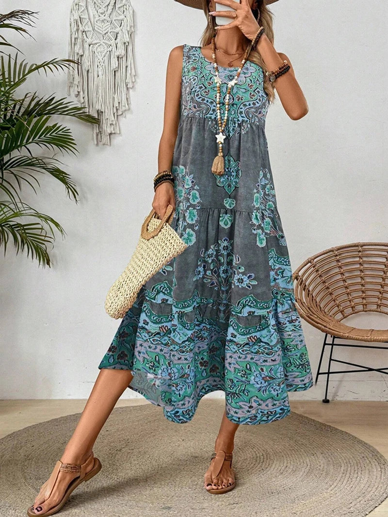 Women's Sleeveless Printed Tiered Midi Dress