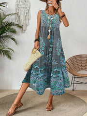 Women's Sleeveless Printed Tiered Midi Dress