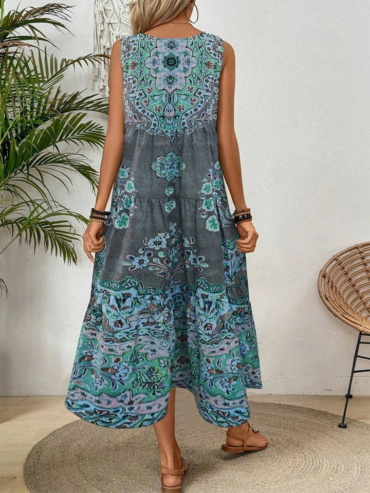 Women's Sleeveless Printed Tiered Midi Dress