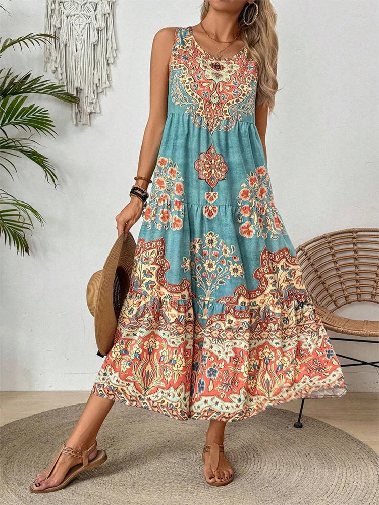 Women's Sleeveless Printed Tiered Midi Dress