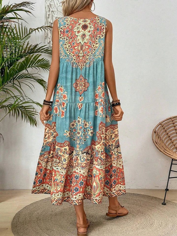 Women's Sleeveless Printed Tiered Midi Dress