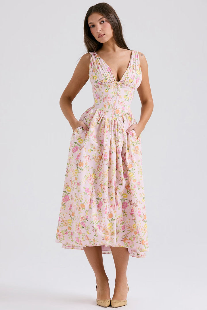 Women's Sleeveless V-Neck Midi Wedding Guest Dress