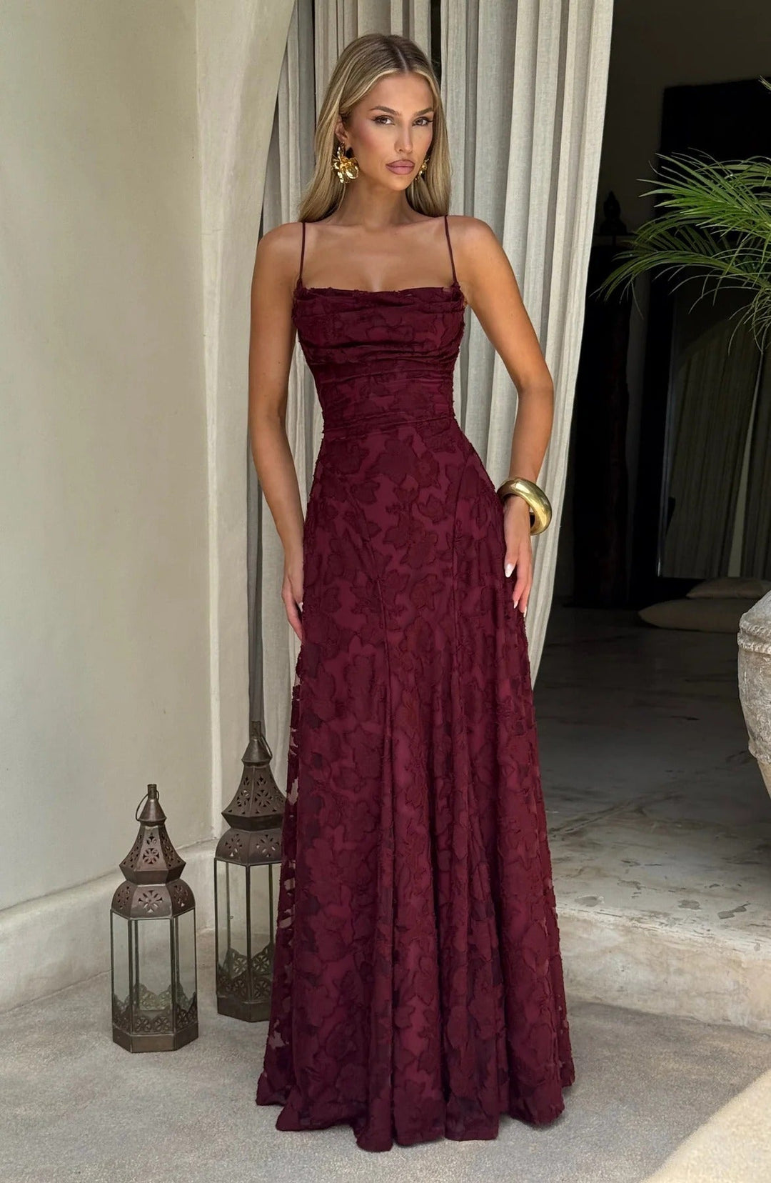Women’s Spaghetti Strap Cowl Neck Maxi Wedding Guest Dress