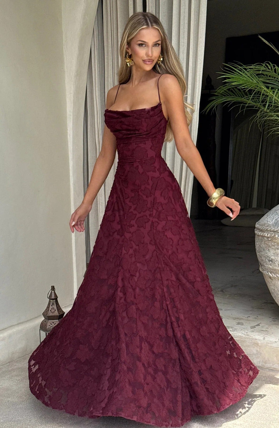 Women’s Spaghetti Strap Cowl Neck Maxi Wedding Guest Dress