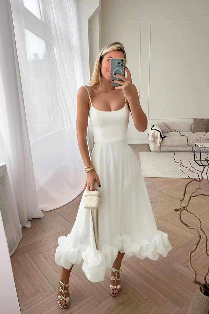 Women’s Spaghetti Strap Ruffle Hem Sleeveless Wedding Guest Dress