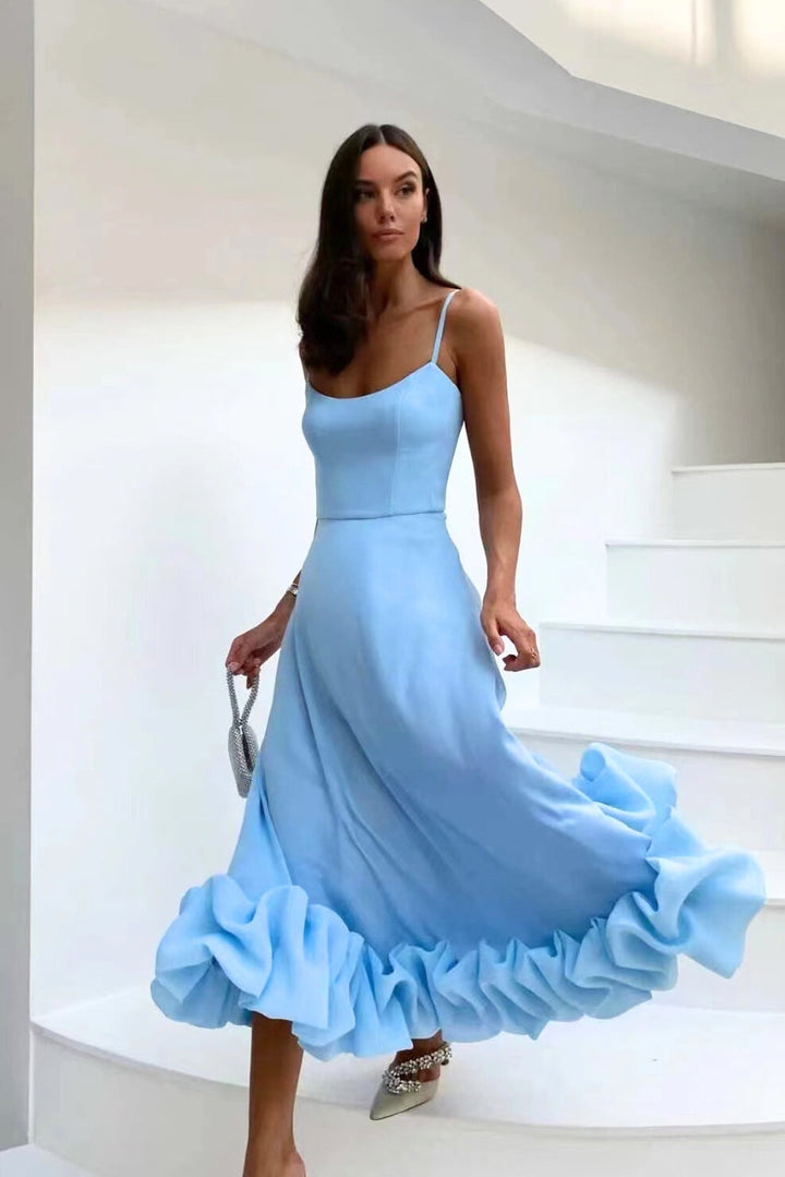 Women’s Spaghetti Strap Ruffle Hem Sleeveless Wedding Guest Dress