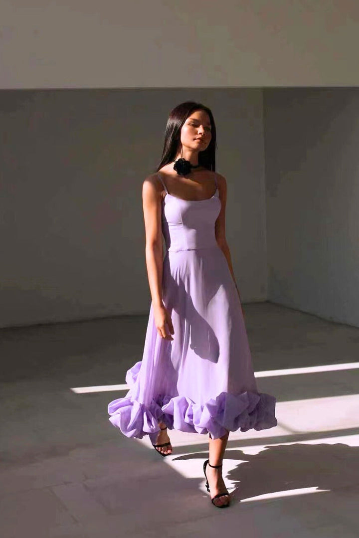Women’s Spaghetti Strap Ruffle Hem Sleeveless Wedding Guest Dress