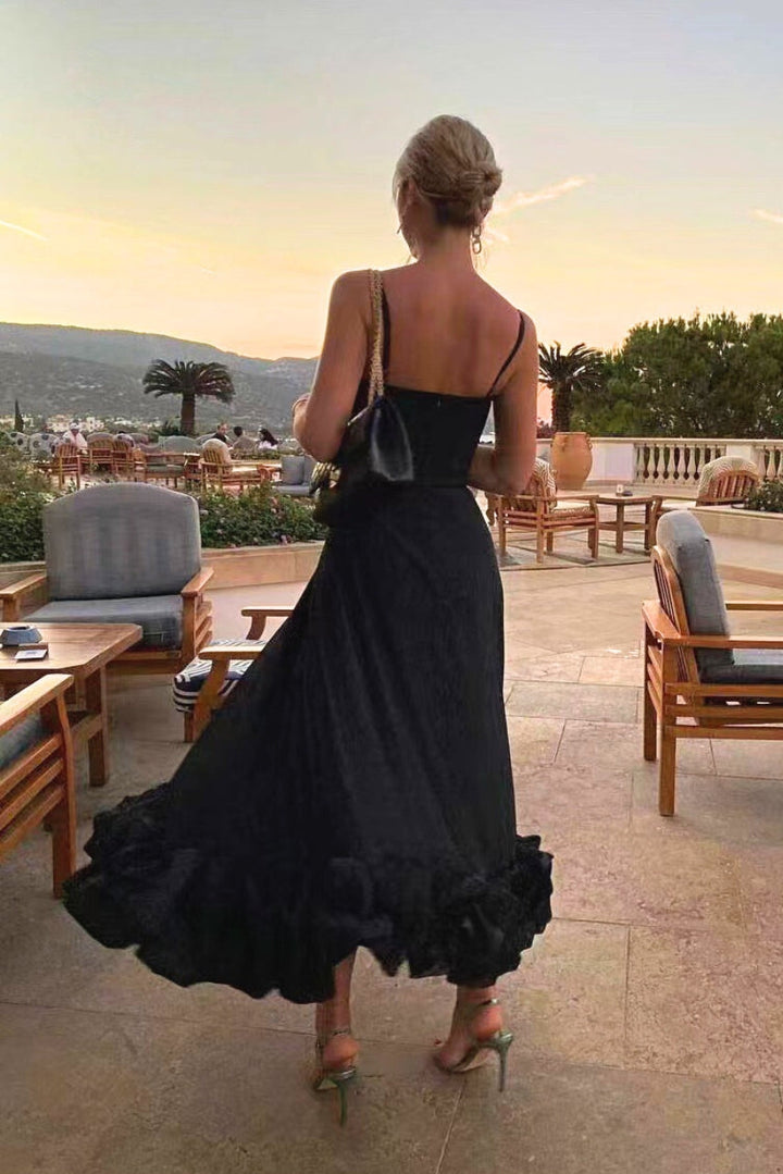 Women’s Spaghetti Strap Ruffle Hem Sleeveless Wedding Guest Dress