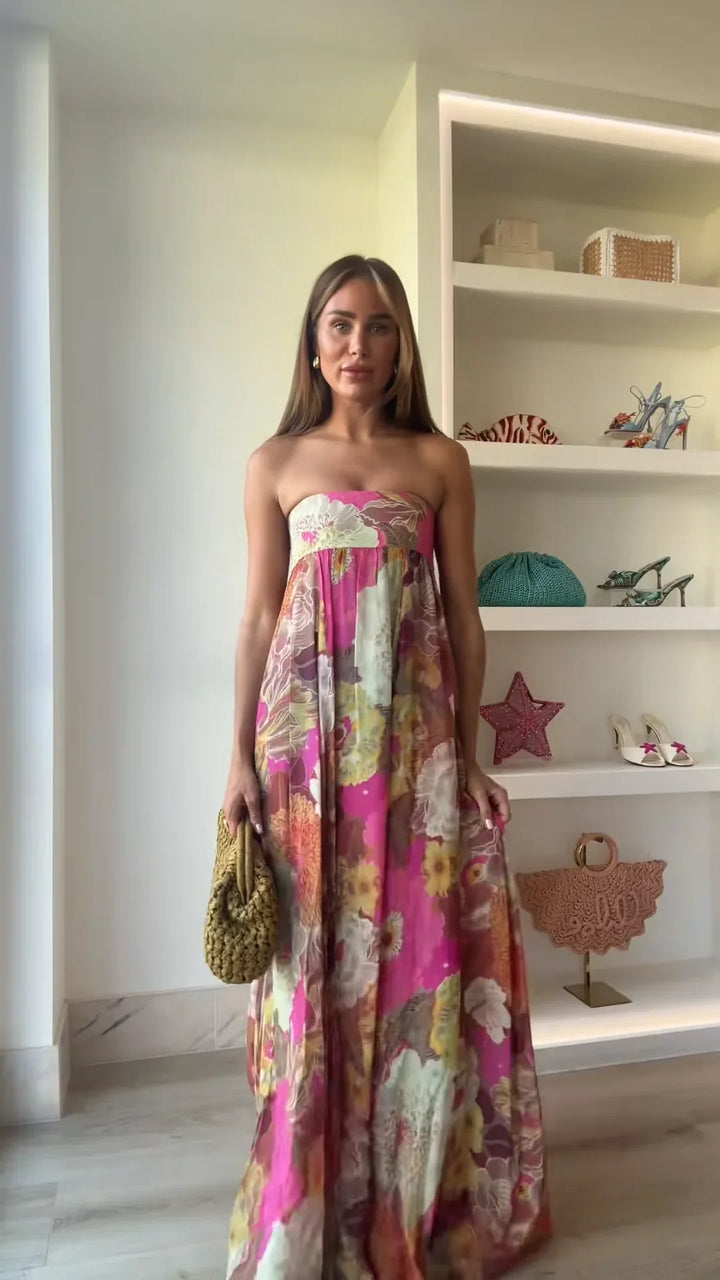 Women’s Strapless Floral Maxi Wedding Guest Dress