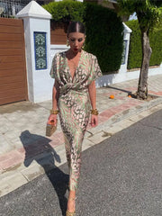 Women’s Twist Front V Neck Maxi Wedding Guest Dress
