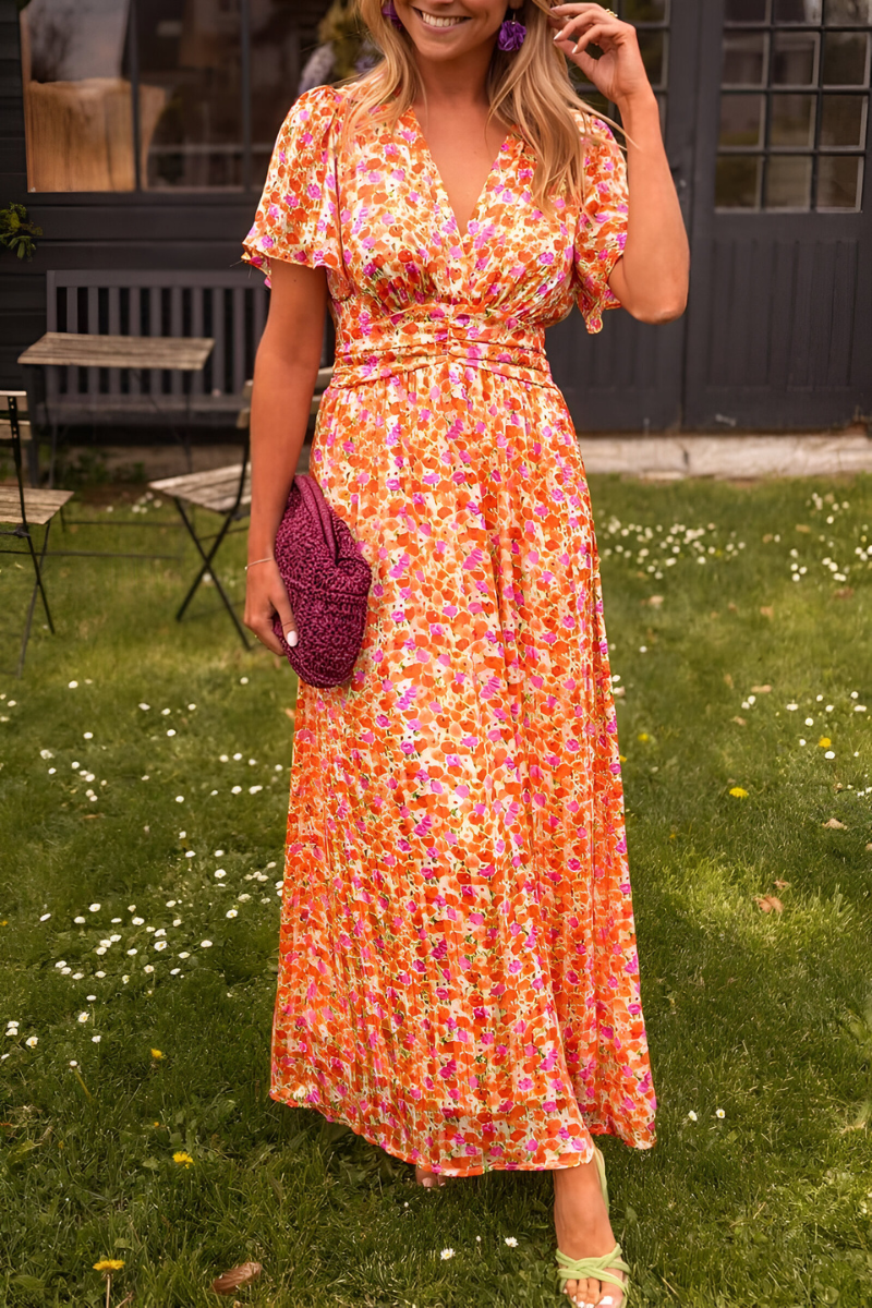 Women's V-Neck Flutter Sleeve Maxi Dress
