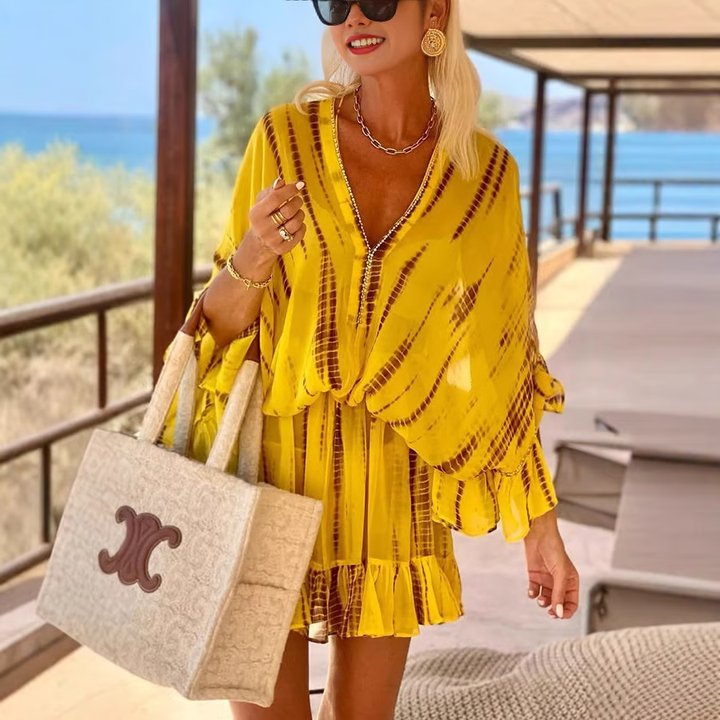 Women's V-Neck Patterned Panels Mini Dress