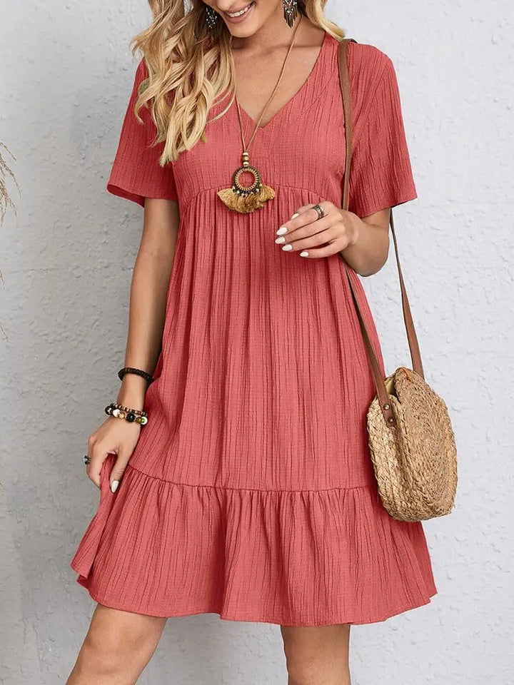 Women's V-Neck Short Sleeve Tiered Mini Dress