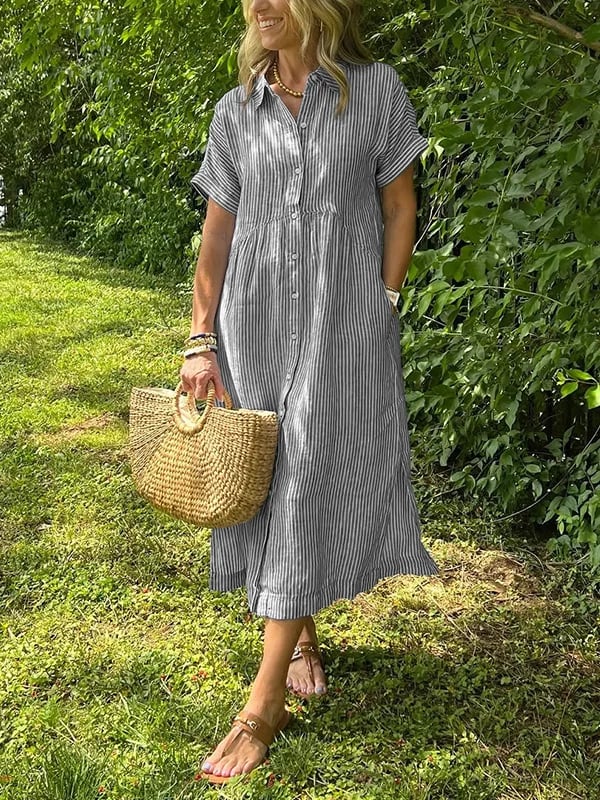Women's Vertical Striped Button-Down Maxi Dress